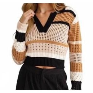 Le Lis Chunky Open Knit Polo Sweater Cropped Boho Cozy Neutral Cotton Women L